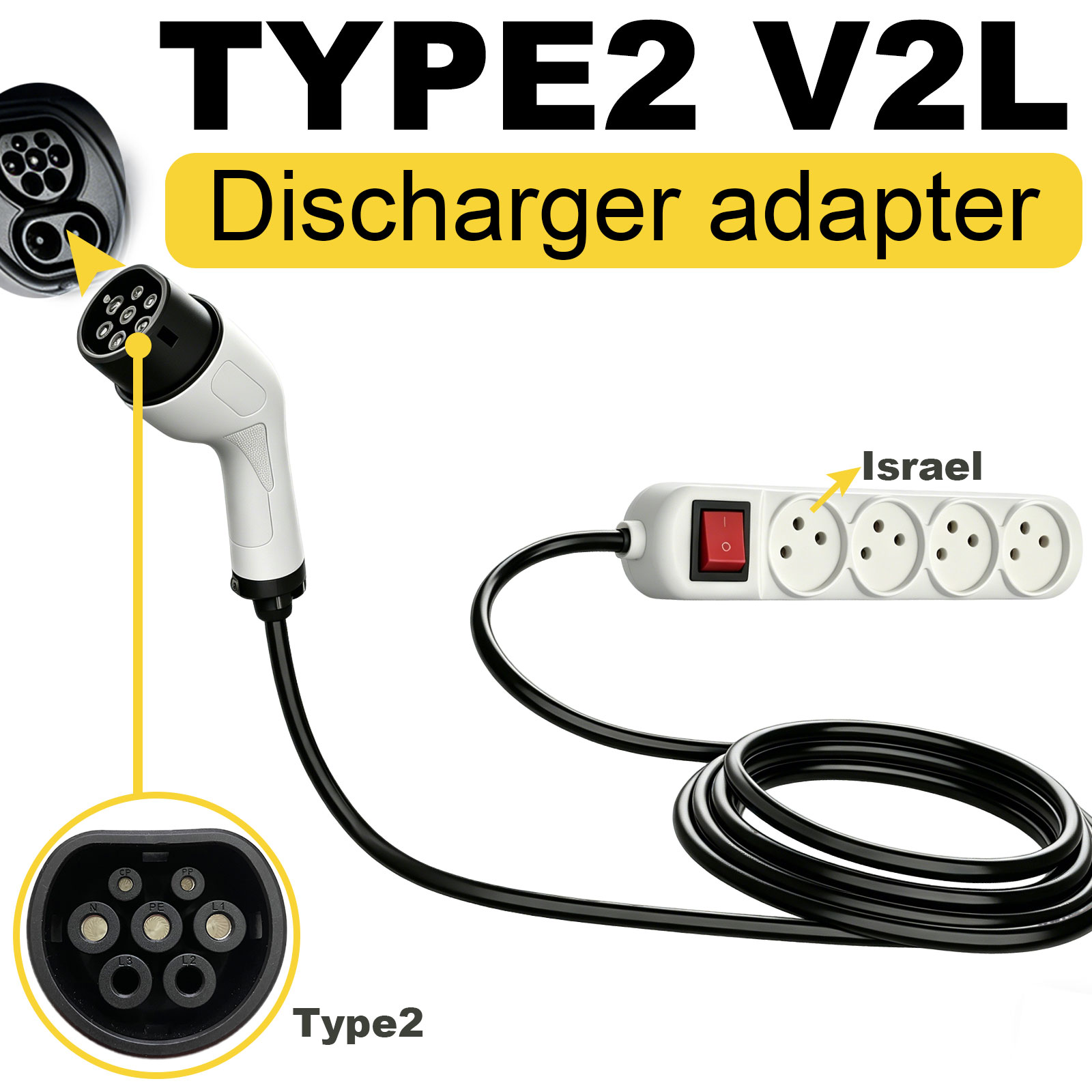 Outdoor Power Outlet - Type2 V2L Discharge Adapter Israel Socket